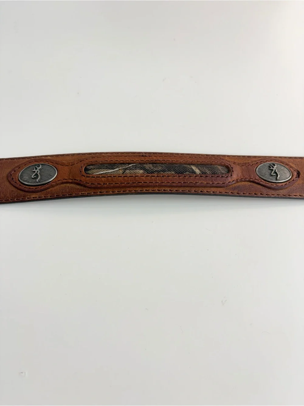 Vintage Browning brown leather belt textile green camo inlay silver logo sz 38